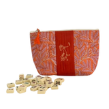 Block Print Mahjong Tile Pouch- Pink Leaf