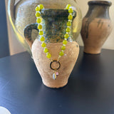 Chartreuse glass bead necklace with carabiner