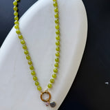 Chartreuse glass bead necklace with carabiner