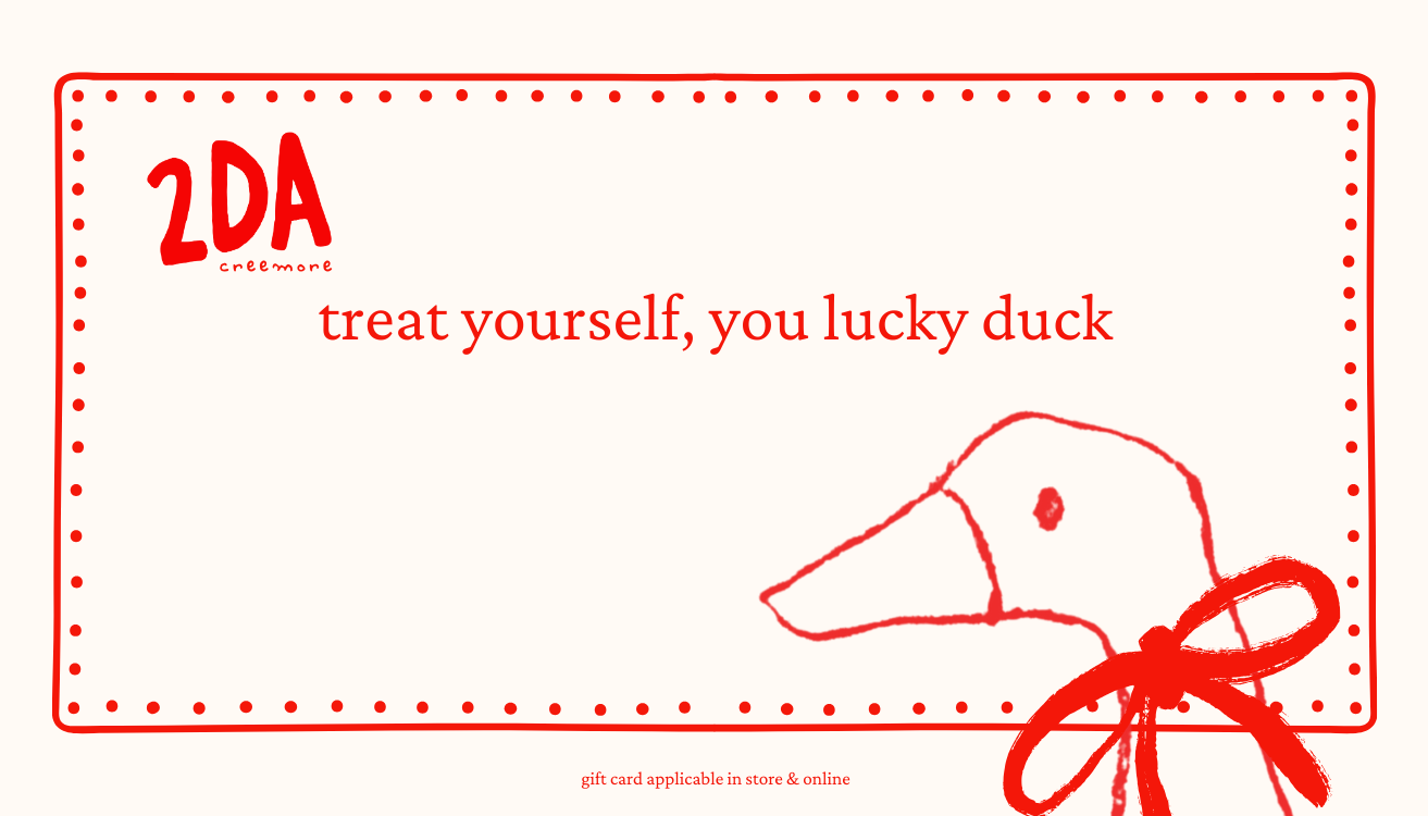 Gift card with a duck illustration and text 'treat yourself, you lucky duck' on a white background.